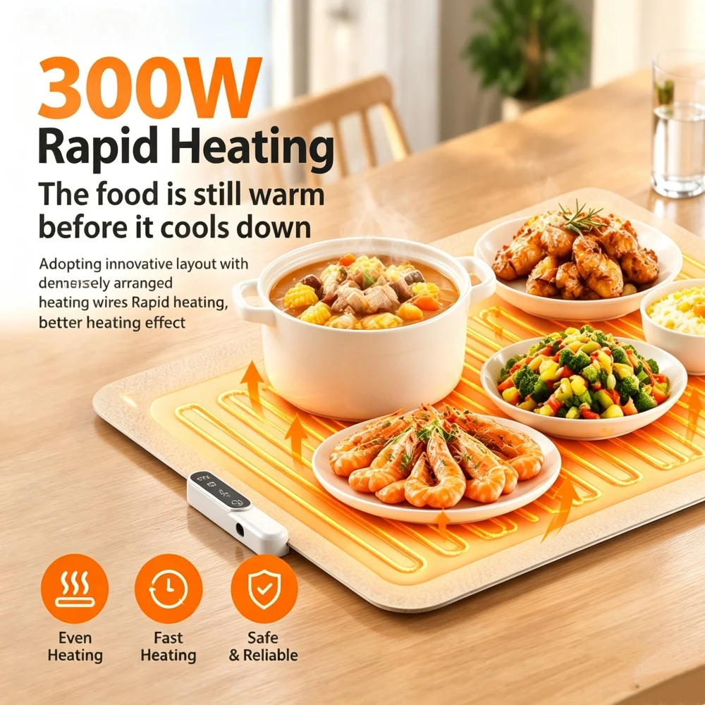Electric Food Warmer Heating Mat Foldable Silicone Heated Tray with Smart Temperature Control for Kitchen Table Dinner & Buffet
