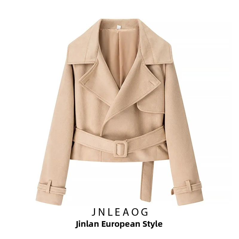 

Модное женское осеннее пальто JNLEAOG с поясом, универсальный дизайн, полиэстер, короткое пальто для женщин, длинный рукав
