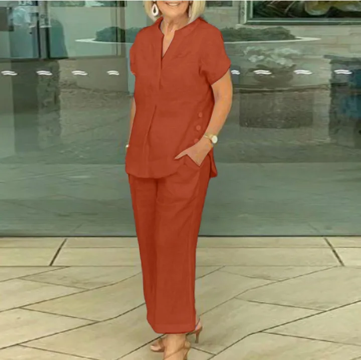 

Fashionable cotton linen new short-sleeved women's shirt trousers suit new casual pocket trousers women's office 2-piece suit