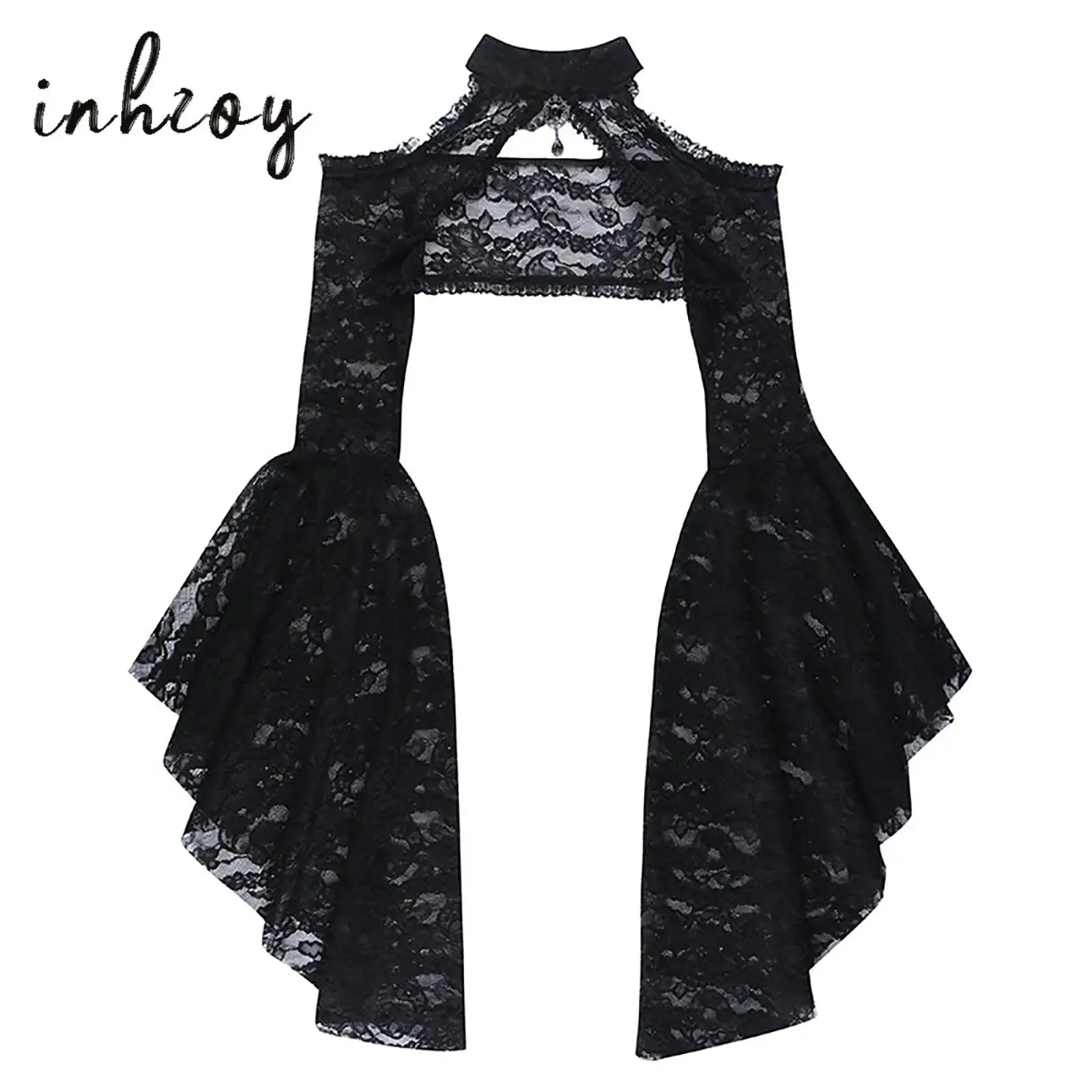 

Womens Gothic See-Through Lace Shrug Cold Shoulder Flared Sleeve Crop Top Shirt for Halloween Theme Party Masquerade Performance