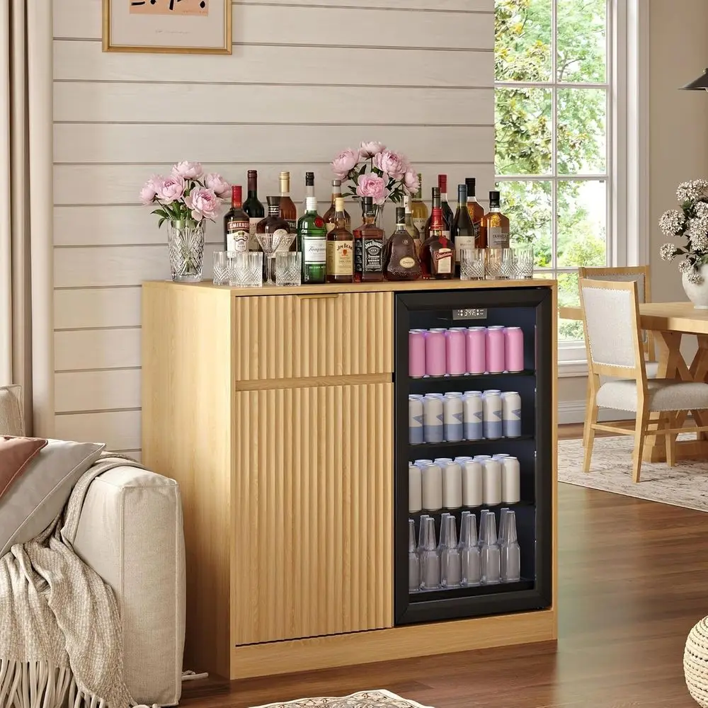 

Compact Ridge Cabinet with Outlet, Coffee Bar with Storage & Glass Rack, Lattice Sideboard with Drawer & Adjustable Shelves, Ide