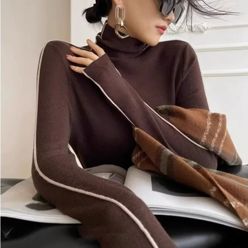 2024 Fashion Turtleneck Knitted Pullovers Women Autumn Winter Slim Fit Long Sleeved Top Elegant Office Lady Black White Sweaters