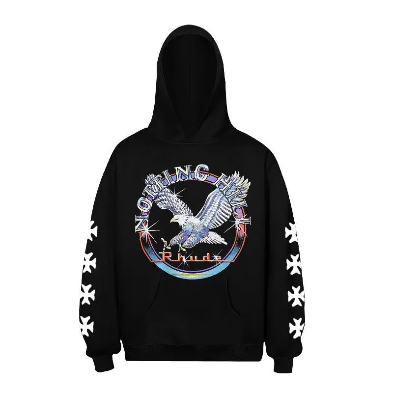 RHUDE New European American Heavyweight Pullover Hoodie, Graphic Print Loose Casual Streetwear Couple Top