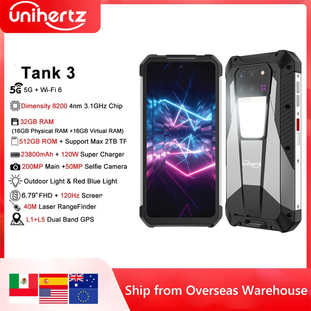 US AU EU Stock Unihertz 8849 Tank 3 Rugged 5G Smartphone 32GB 512GB 23800mAh 120W Charger Dimensity 8200 200MP 120Hz Cell Phone