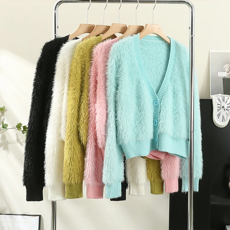 

ITOOLIN Autumn Winter Women Velvet Sweet Cardigan Sweater Single-Breasted Casual Knitted V-Neck For Women Loose Sweater Coat