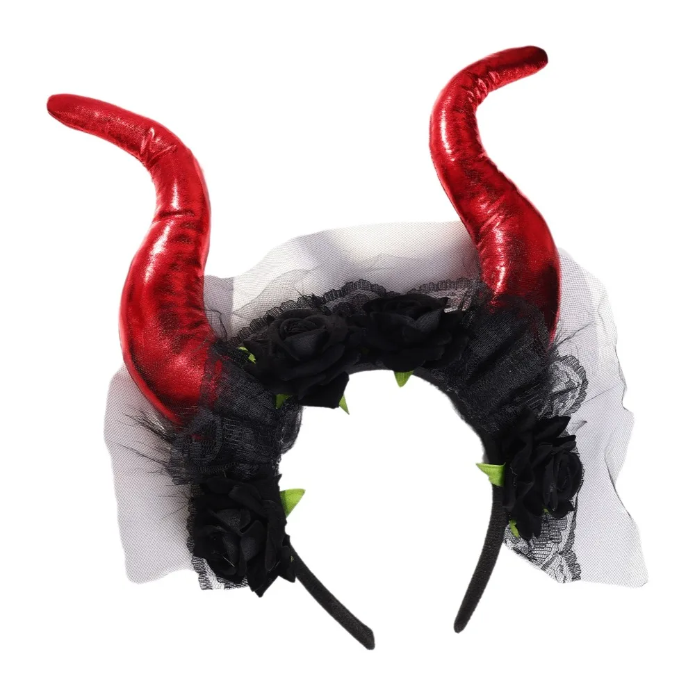 Flowers Design Halloween Cow Horns Headband Lace Trim Fashion Sheep Horn Headband Unique Red Rose Headband Halloween Party