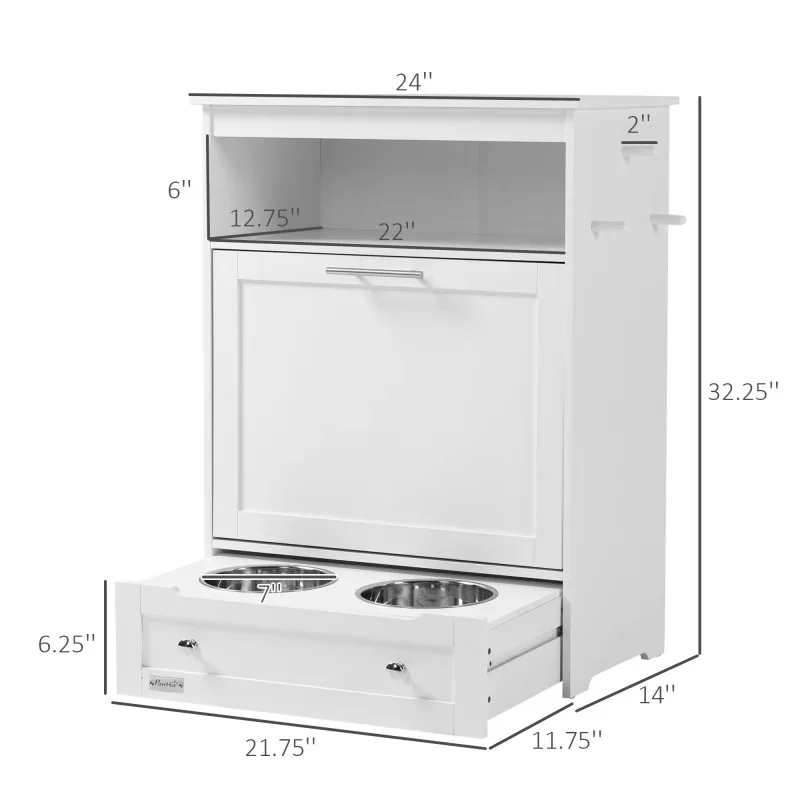 Pet Feeder Station Storage Cabinet, Dog Food Storage Container with Dog Raised Bowls and Hanger for Feeding & Watering Supplies