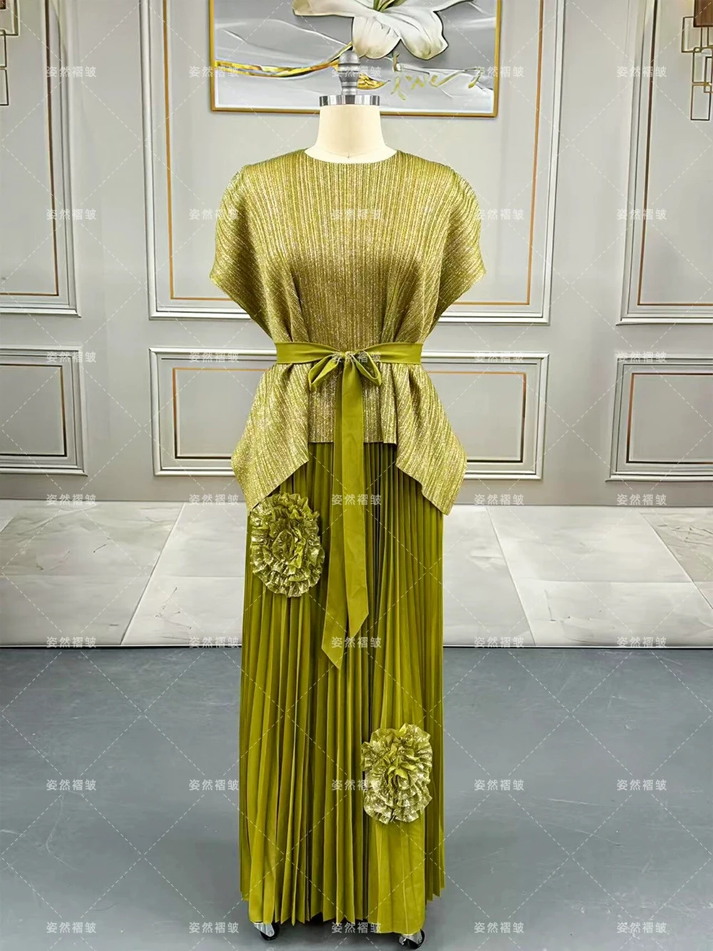 

Plus size women's slim suit pleated pullover pleated trousers two-piece suit fashionable holiday style dress-GZXX1005