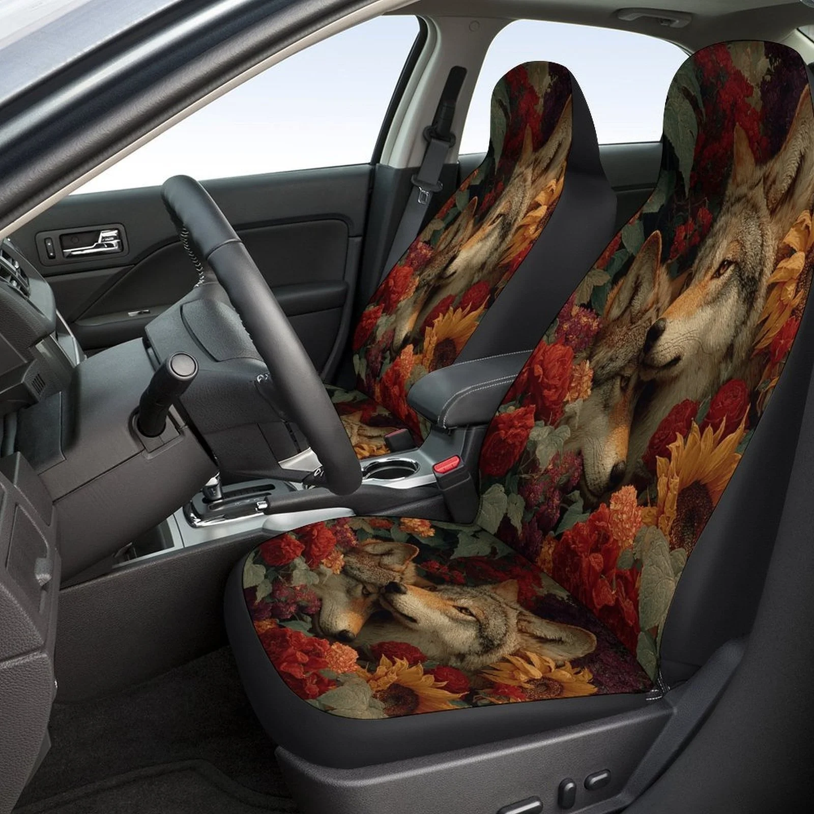 Wolves In Flowers Designed Car Seat Cover Set For Most Cars, Trendy Novelty High-quality Car Seat Protector Covers Full Set, Uni