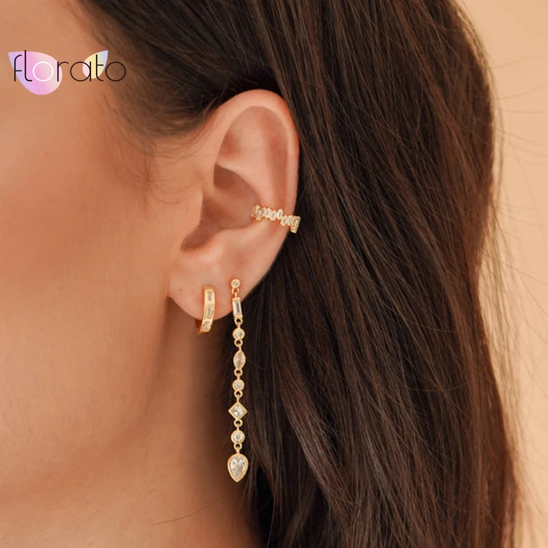 YUXINTOME 925 Sterling Silver Ear Needle Colorful Zircon CZ Ear Cuff Earring No Piercing Clips Women Rock Punk Earring Jewelry