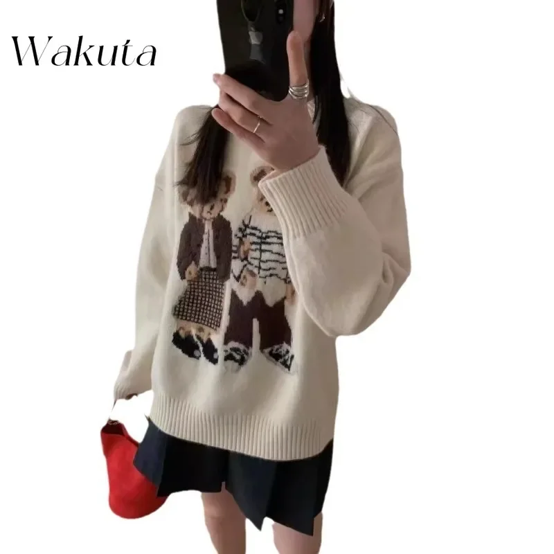 WAKUTA Japanese retro cartoon bear jacquard round neck knit sweater female fall new loose thin ageing soft sweater tops