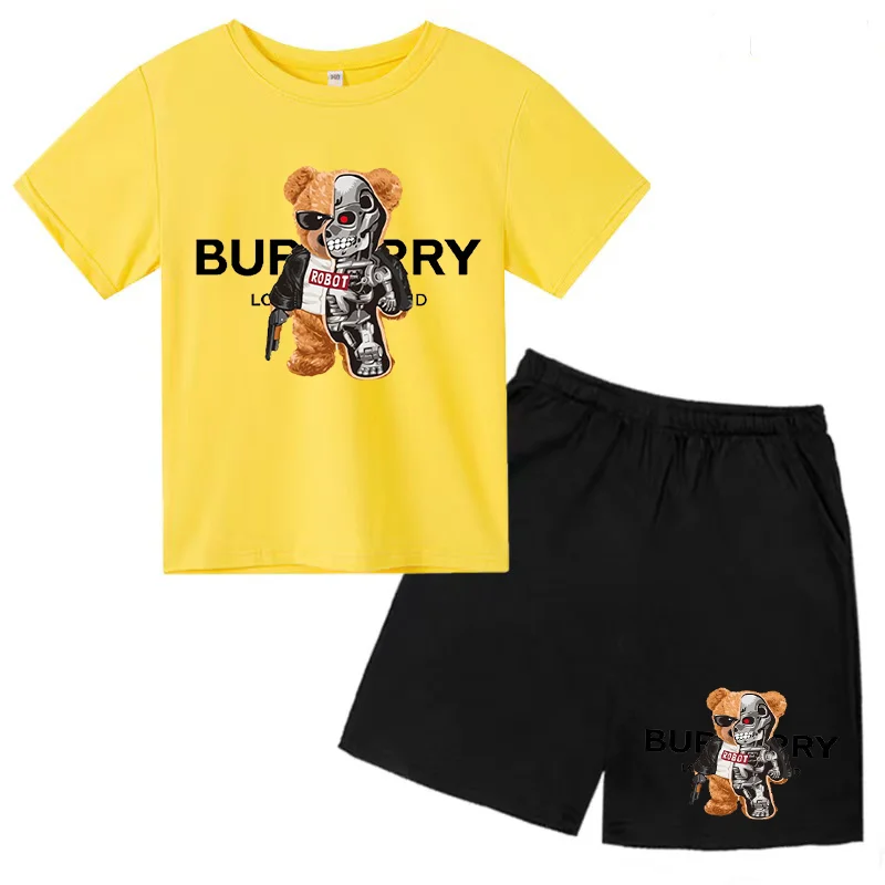 

Children's Bear Print T-shirt 3-12Y Boys Girls Preschool Birthday Gift Top + Shorts 2P Brand Sports Jogging Charming Casual Se