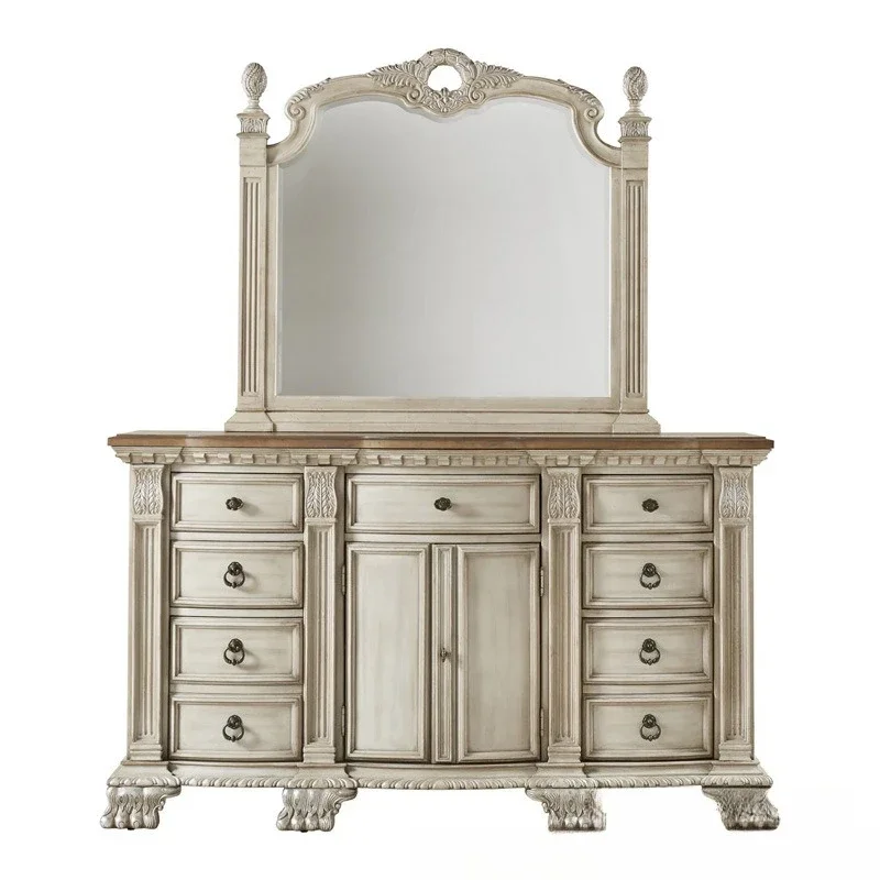 

European solid wood chest, oak carved seven-bucket storage bedroom retro dressing table, storage table