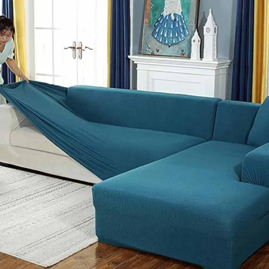 Stretch Sofa Cover for 1/2/3/ and L-Shape Couches - Solid Color Pet-Friendly Slipcover with Anti-Slip Elastic Bottom, Machine W