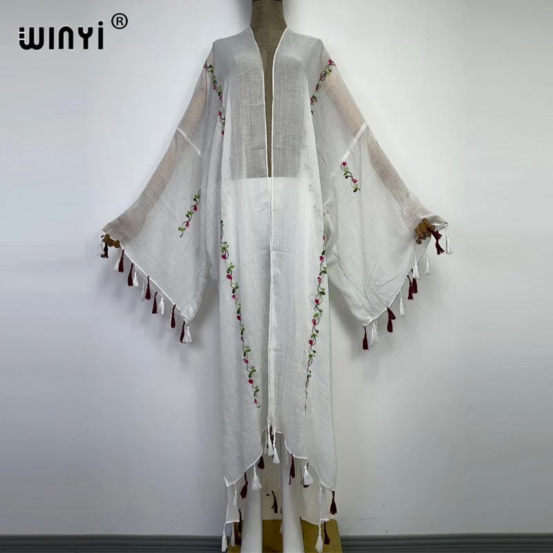 WINYI Embroidery tassels Dress Beach Cover Up Bohemian All-match Sexy comfortable perspective home coat Elegant Holiday Kimono