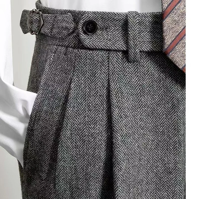 Pantalones de traje de Nápoles a la moda para hombre, pantalones ajustados rectos de negocios de cintura alta estilo inglés, pantalones Gurkha Vintage de lana para Otoño e Invierno