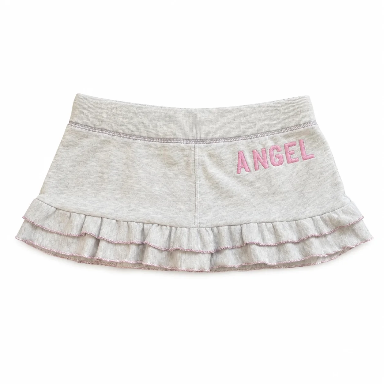 Y2K Coquette Gray Ruffle Mini Skirt Women Harajuku Low Waist Drawstring Butterfly Patch Angel Embroidery Kawaii Summer Outfit