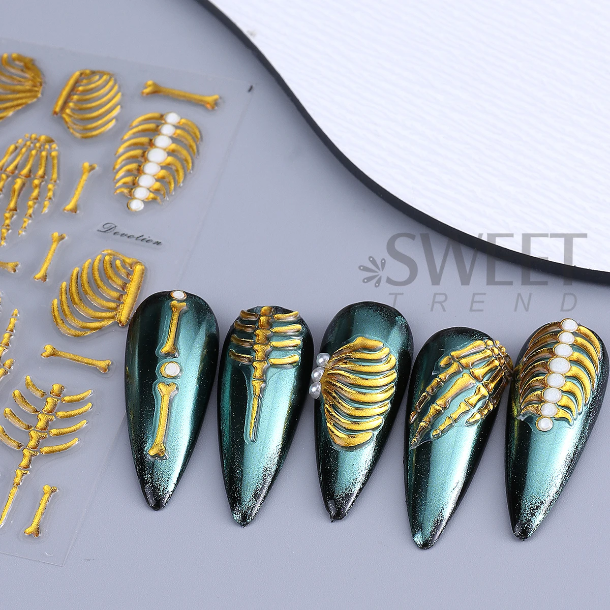 3pcs 해골 갈비 양각 네일 스티커 5D 해골 뼈 장미 꽃 Y2K 디자인 접착 데칼 할로윈 휴일 매니큐어 포일