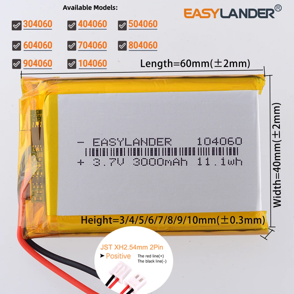 XH2.54mm 2Pin 3.7V 3000mAh 104060 Lithium Li-ion Lipo Polymer Battery 304060 404060 504060 604060 704060 804060 904060
