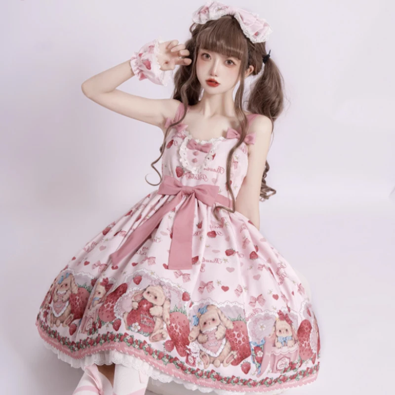 

Sweet Lolita Jsk Dress Strawberry Cartoon Cute Rabbit Print Suspenders Dress Japanese Summer Women Kawaii Party Dresses