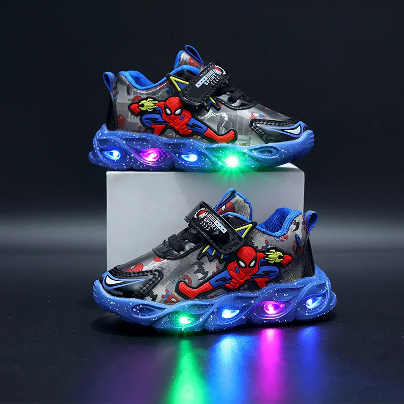 Disney LED Casual Cartoon Sneakers for Boys Spiderman Leather Outdoor Shoes Children Cute Lighted Non-slip Shoes Size 21-30