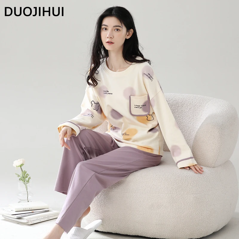 Duojihui-pijamas casuais com bolso para as mulheres, impressão chique, colar redondo, calças soltas, simples, moda, novo