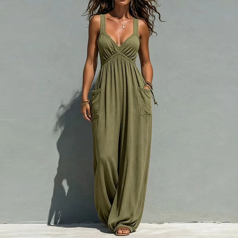 Summer With Pocket Casual Playsuit Women Boho High Waist Lace Spaghetti Strap Romper Beach Holiday Loose Wide Leg Pant Jumpsuits