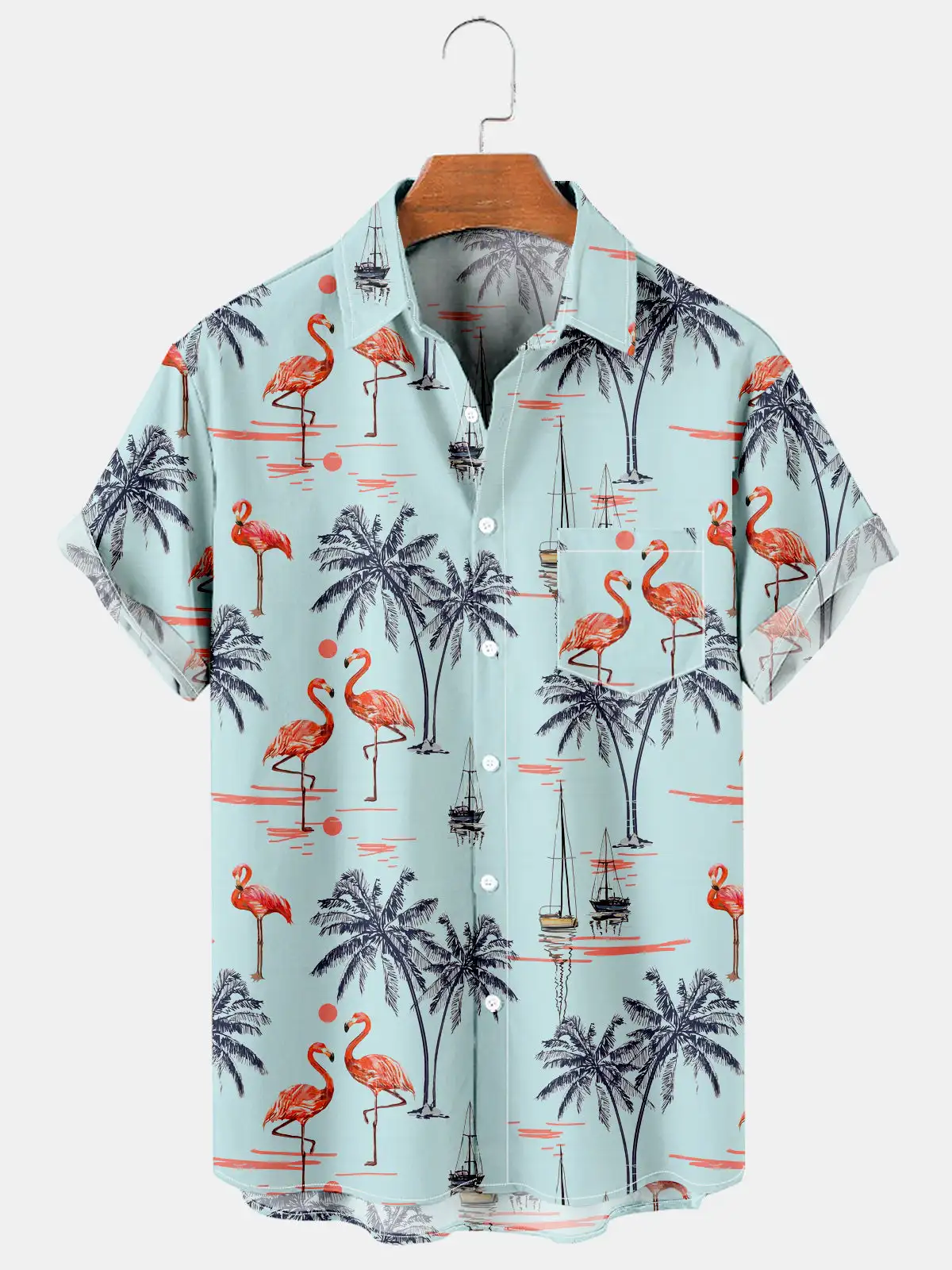 Men's Vacation Resort  Coconut Flamingo 3D Print Turndown Collar Shirt casual  Short Sleeve Shirt Summer loose Shirts For Boys