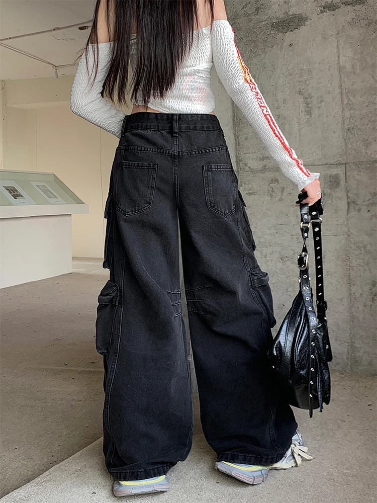 Women Black Gothic Baggy Cargo Jeans Harajuku Denim Trousers Y2k Vintage Japanese 2000s Style Emo Jean Pants Trashy Clothes 2024