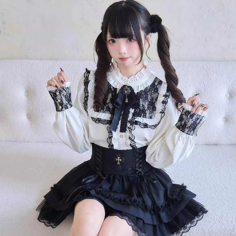 Japanese Gothic Y2k Lolita Style Skirt Set Women Harajuku Dark Lace Bow Shirt Stripe Mini Cake Skirt Female Fashion Slim Outfitn