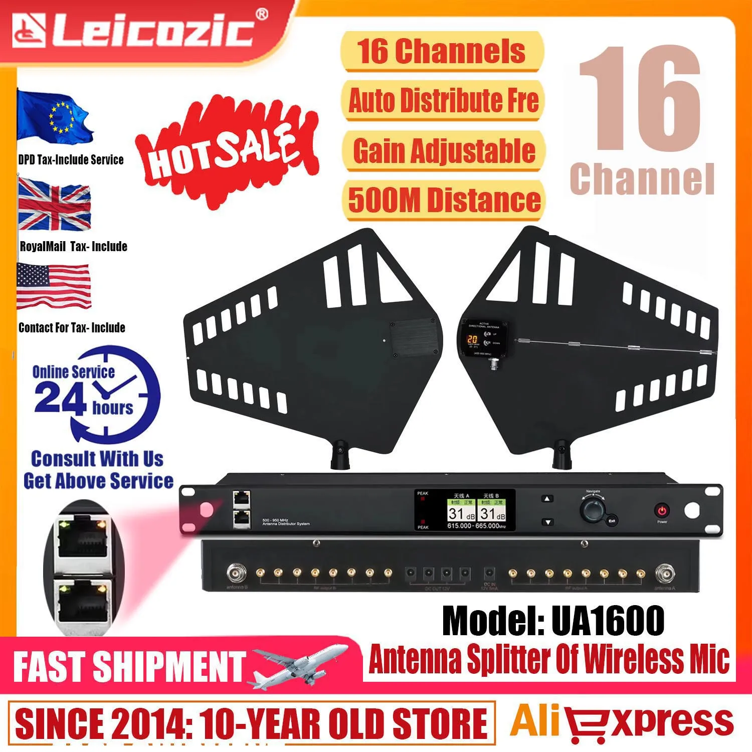 Leicozic AT1600 16 Channel Antenna Splitter Extend By 400M UHF RF Signal Distribution System For Wireless Microphone Cascade