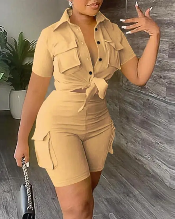 

Two Piece Set Women Outfit 2024 Summer Buttoned Turn-Down Collar Short Sleeve Crop Top & High Waist Casual Daily Shorts Set