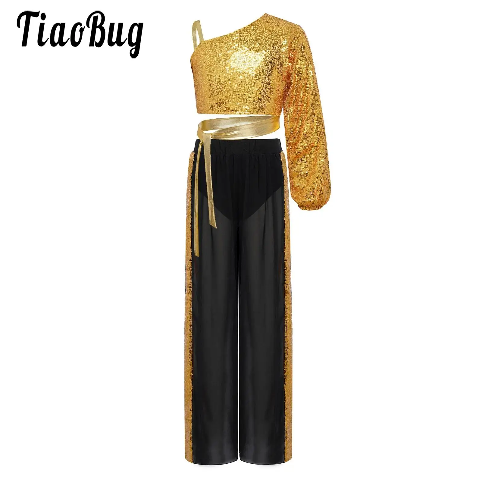 Kids Girls Jazz Modern Lyrical Dance Costumes Outfit One Long Sleeve Sequins Crop Top with Sheer Chiffon Pants Skating Dancewear