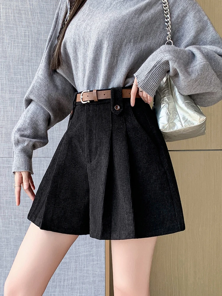 Mode Streetwear velours côtelé jupes Shorts femme ample jambe large plissé hiver Shorts avec ceinture Culottes a-ligne pantalons courts femmes
