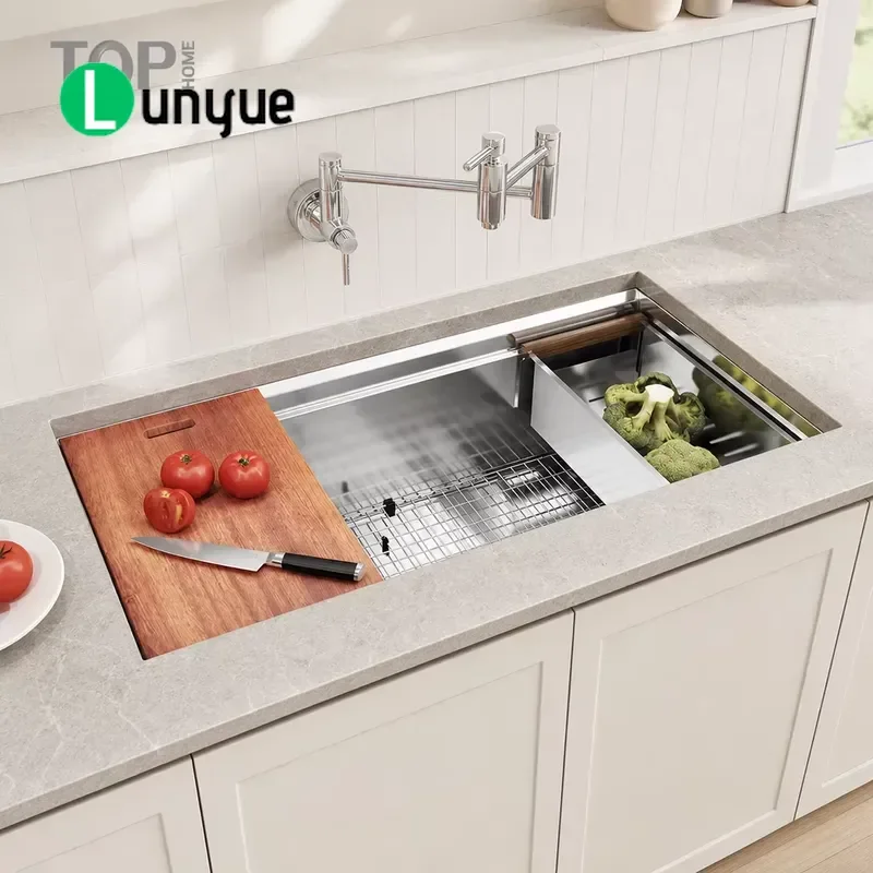 36 Inch Embedded Stainless Steel Kitchen Sink 304 Workbench Design With Cutting Board Drain Basket Filter For Modern Kitchen