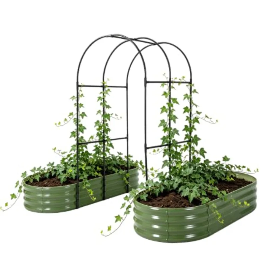 Outdoor gardening planter box with arch trellis, galvanized steel, black, 87 H modular system with climbing net for flowers, ve
