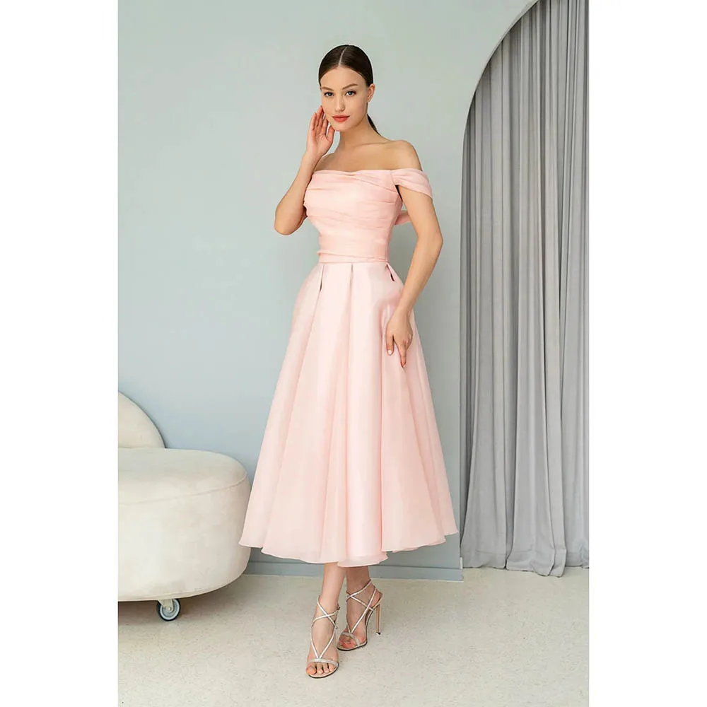 

2024 Sleeveless Pleat A Line Ankle Length Simple Evening Party Gown Elegant Off The Shoulder Prom Dress