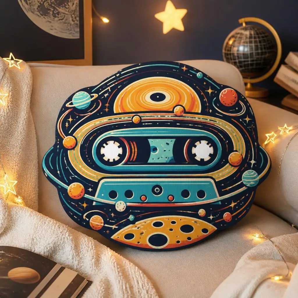 Retro Space Cassette Tape Shaped Throw Pillow Music Cushion Planetary Home Decor for Sofa Bedroom Gift for Tape Collectors