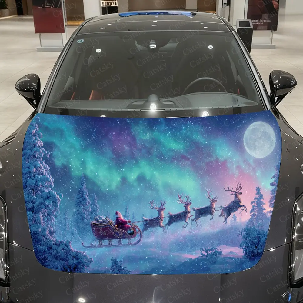 Moonlit Aurora Reindeer Santa Claus Car Vinyl Wrap, PVC Material Waterproof Car Hood Sticker, Self-Adhesive Scratch-Resistant St