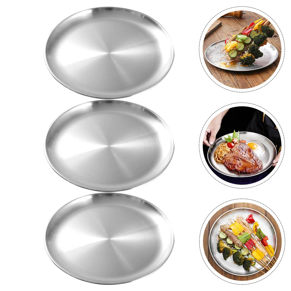 

3 pcs Stainless Steel Plates Food Tray Compact Size Easy To Clean Portable Snack Dish Cake Plate Bbq Platter Dinner Fruit
