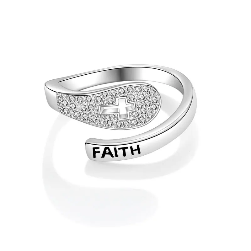 925 Sterling Silver Jewelry Luxury Crystal Cross FAITH Finger Rings for Women Wedding Party Jewelry For Girls Friend Gift