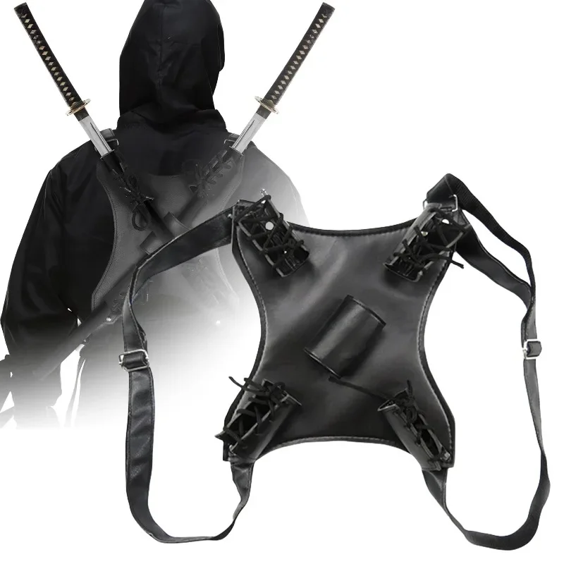 Adjustable Dual Sword Back Harness, PU Faux Leather Back Sword Holder with 4 Corner Slots for Cosplay Stage Costume