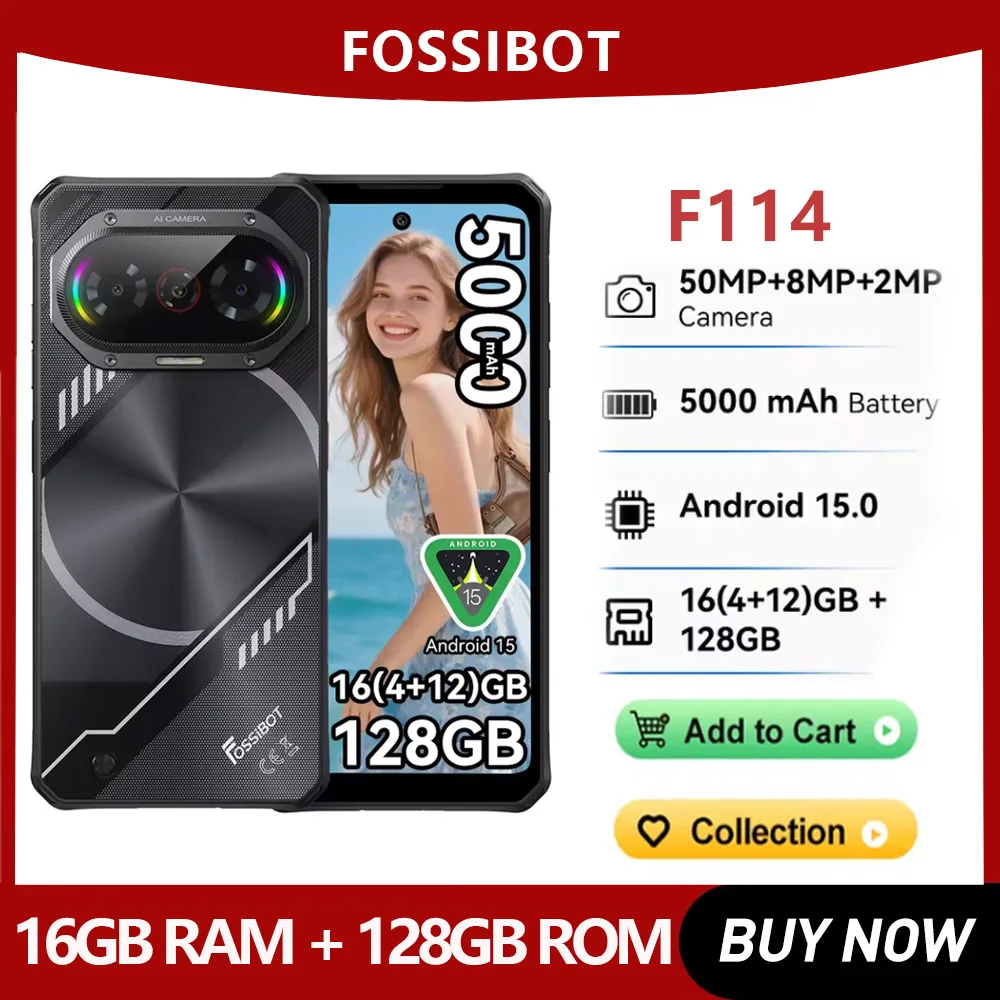 2026 Ultra-thin Rugged Phone Fossibot F114 Unisoc T615 4G 4GB RAM+128GB ROM 50MP AI Camera 5000mAh 18W Android 15 Smartphone