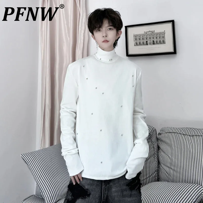 

PFNW Solid Color Thin Sweater Men's Stand Collar Nail Bead Design Clothing Chic New Knitted Tops 2024 Autumn Winter 28W5085