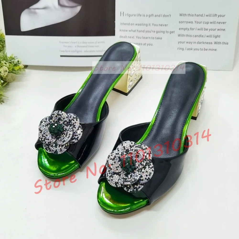 Retro Crystal Flower Heeled Slippers Women Real Leather Rhinestone Block Heel Shoes Western-inspired Party Open Toe Lovely Slide