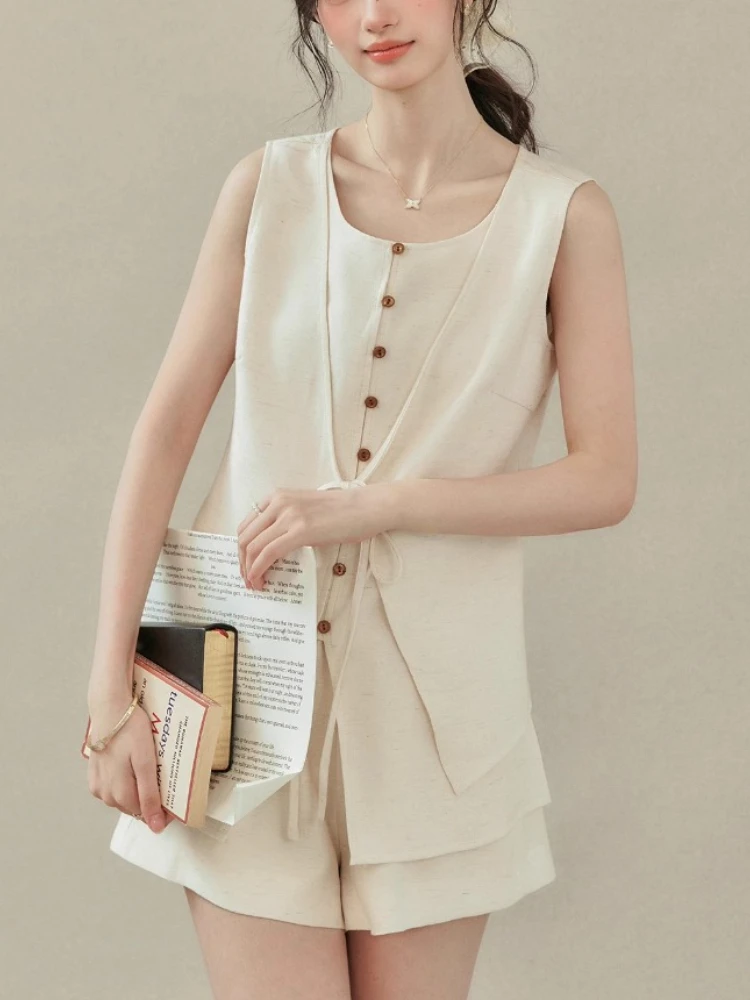 

Chic Layered Vest & Shorts Set Women Summer Elegant Tie-Front Sleeveless Top High-Waisted Elastic Casual Shorts Outfits
