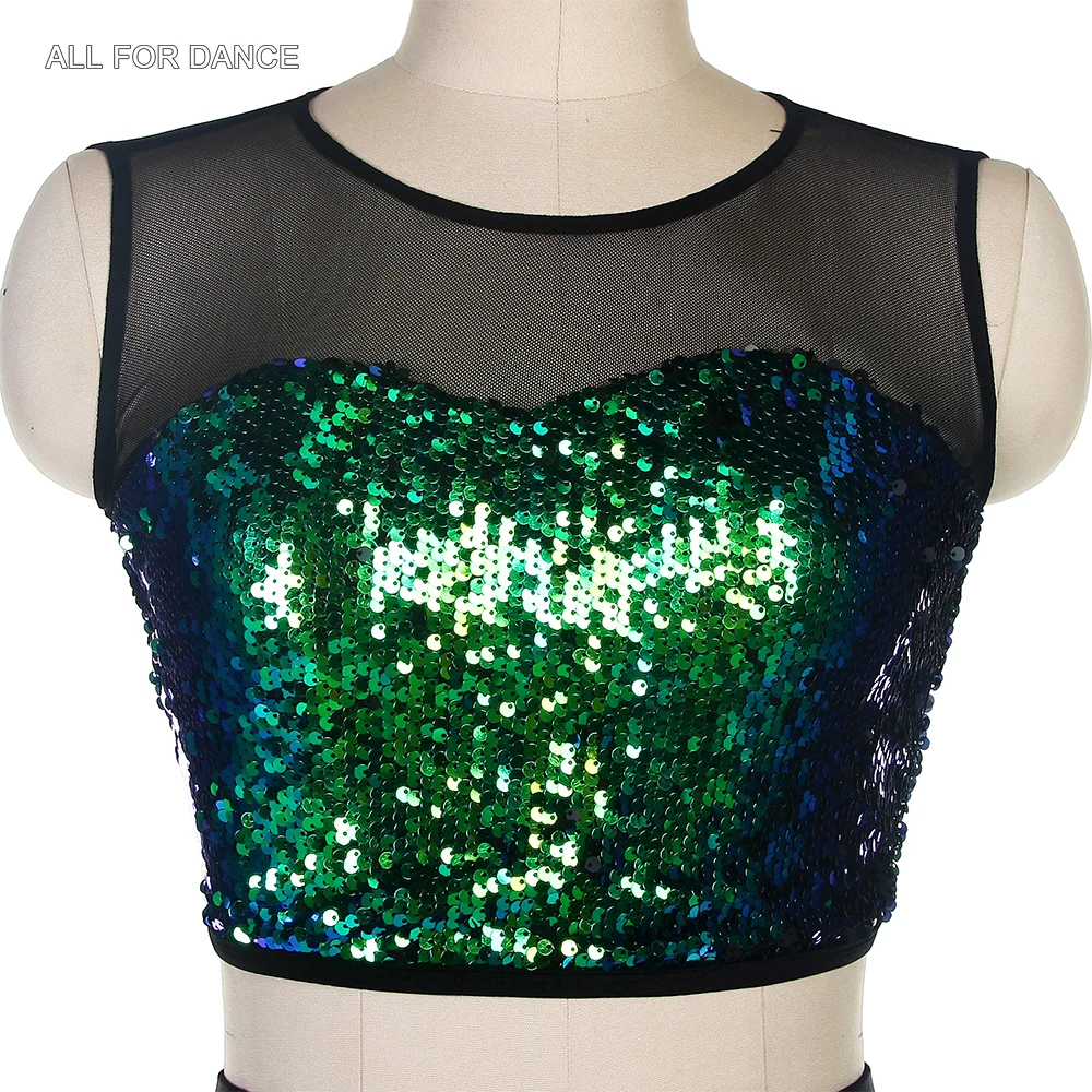 18037 Strój do tańca jazzowego, tap i hip hop dla dorosłych dziewcząt, zielony top z cekinami i siateczki z czarnymi długimi spodniami, kostiumy sceniczne