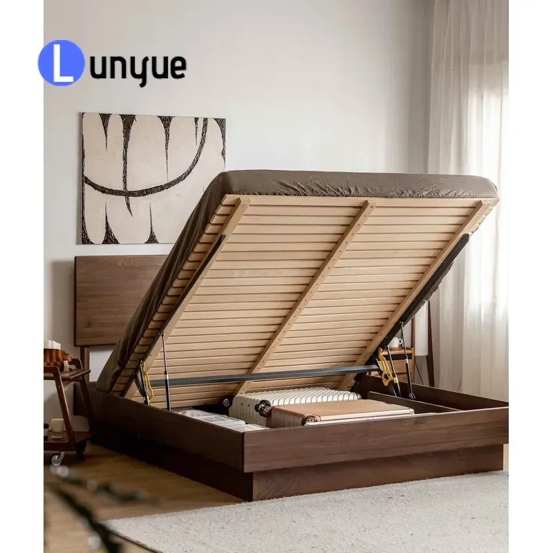 European Solid Wood Floating Bed North American Black Walnut High Box Storage Double Bed Frame Modern Bedroom Furniture