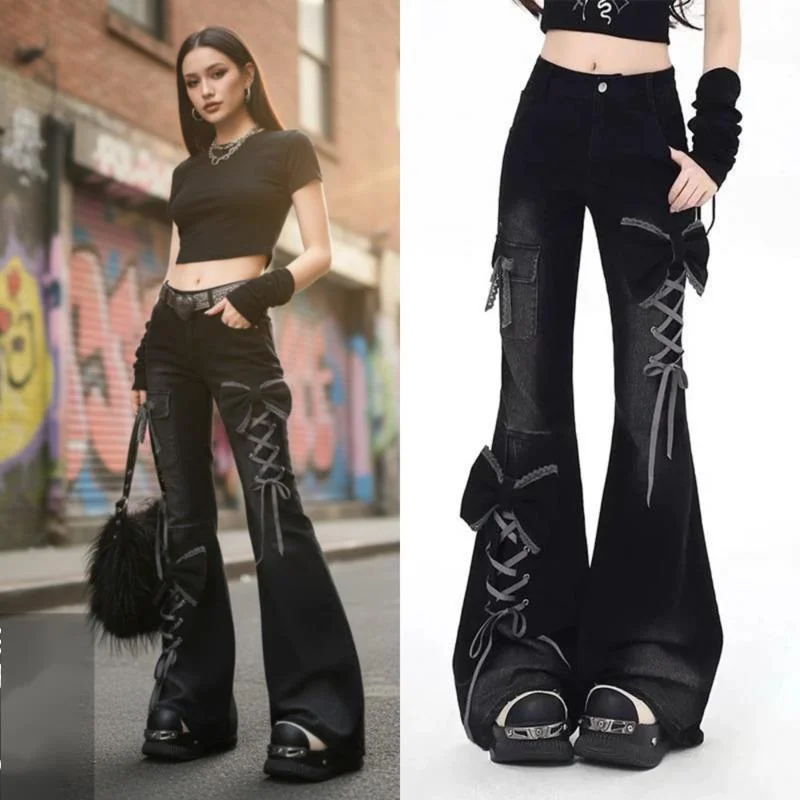 

Черные джинсы-клеш с бантом, женские узкие брюки Y2K с высокой талией, осень-зима, узкие джинсовые брюки с 3D узором бабочки, новинка