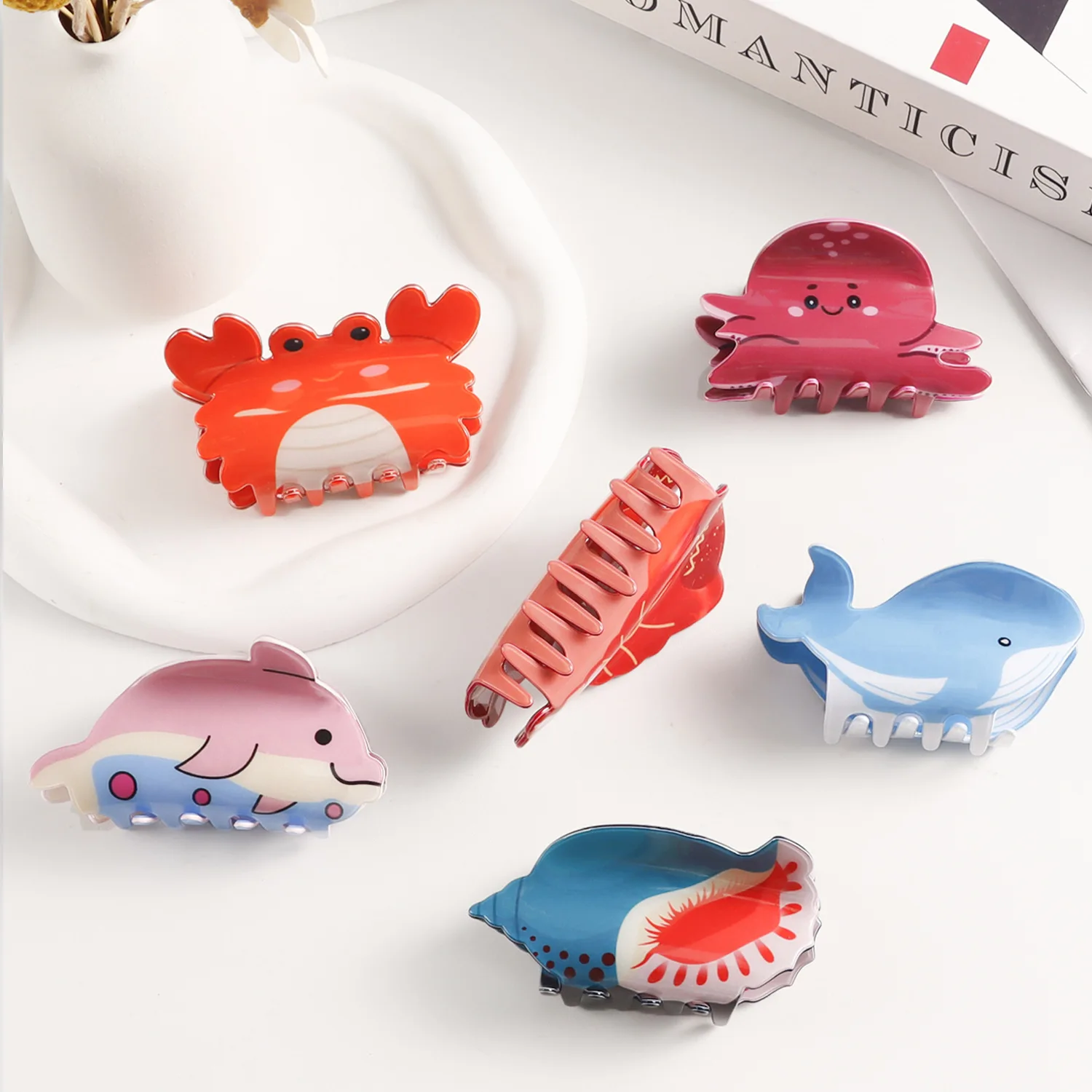 YHJ Marine Animal Hair Claw Cute Design Dolphin Lobster Acrylic Hair Claw Clips Hair Accessories for Women Girls